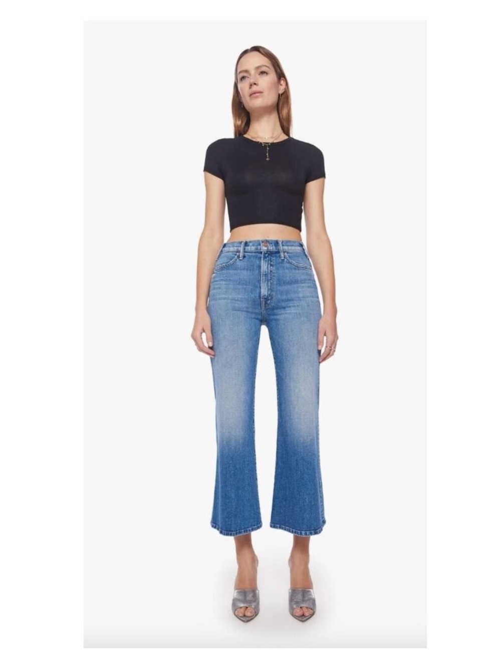 Mother The Hustler Roller Ankle Wide Flare Leg Cropped Jeans in High on the Hog